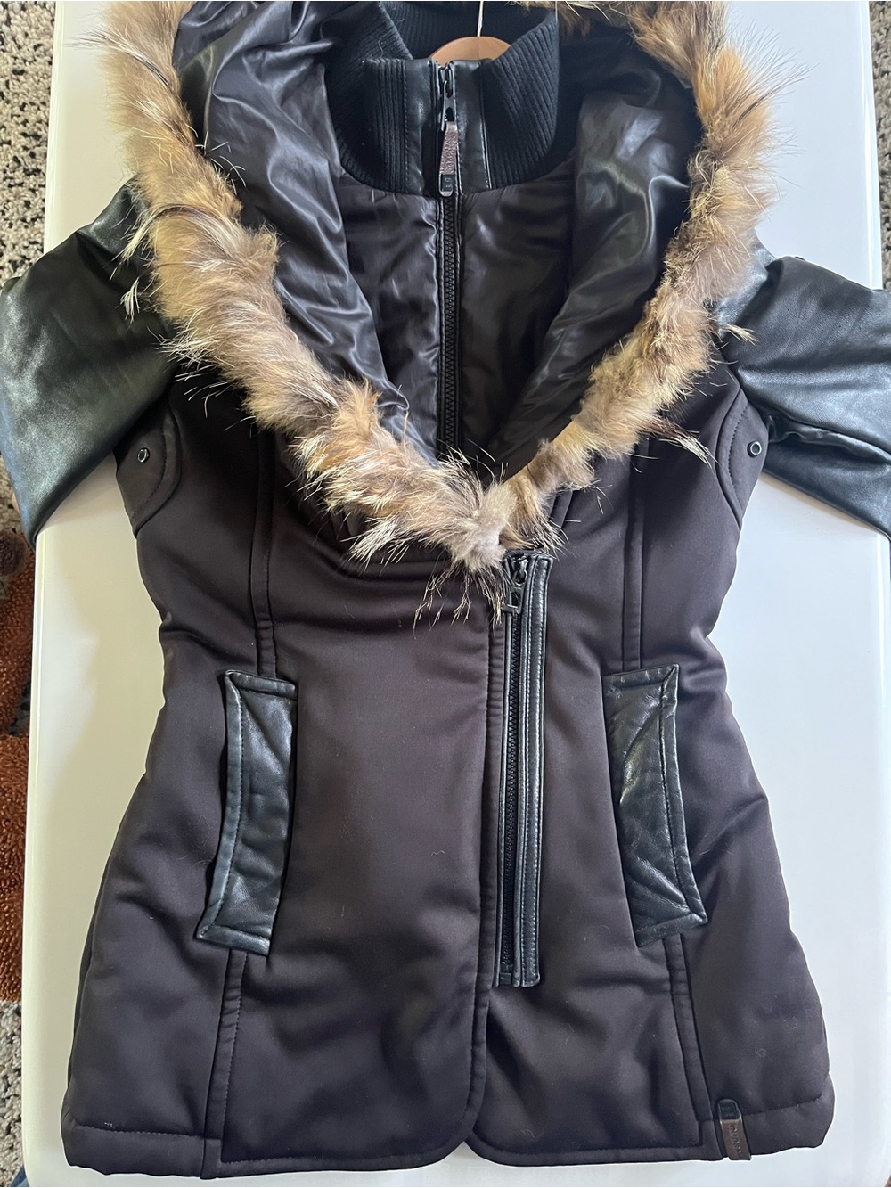 Rudsak Shauna Lambskin Leather and Wolf Fur Trimmed Hooded Winter Coat Parka